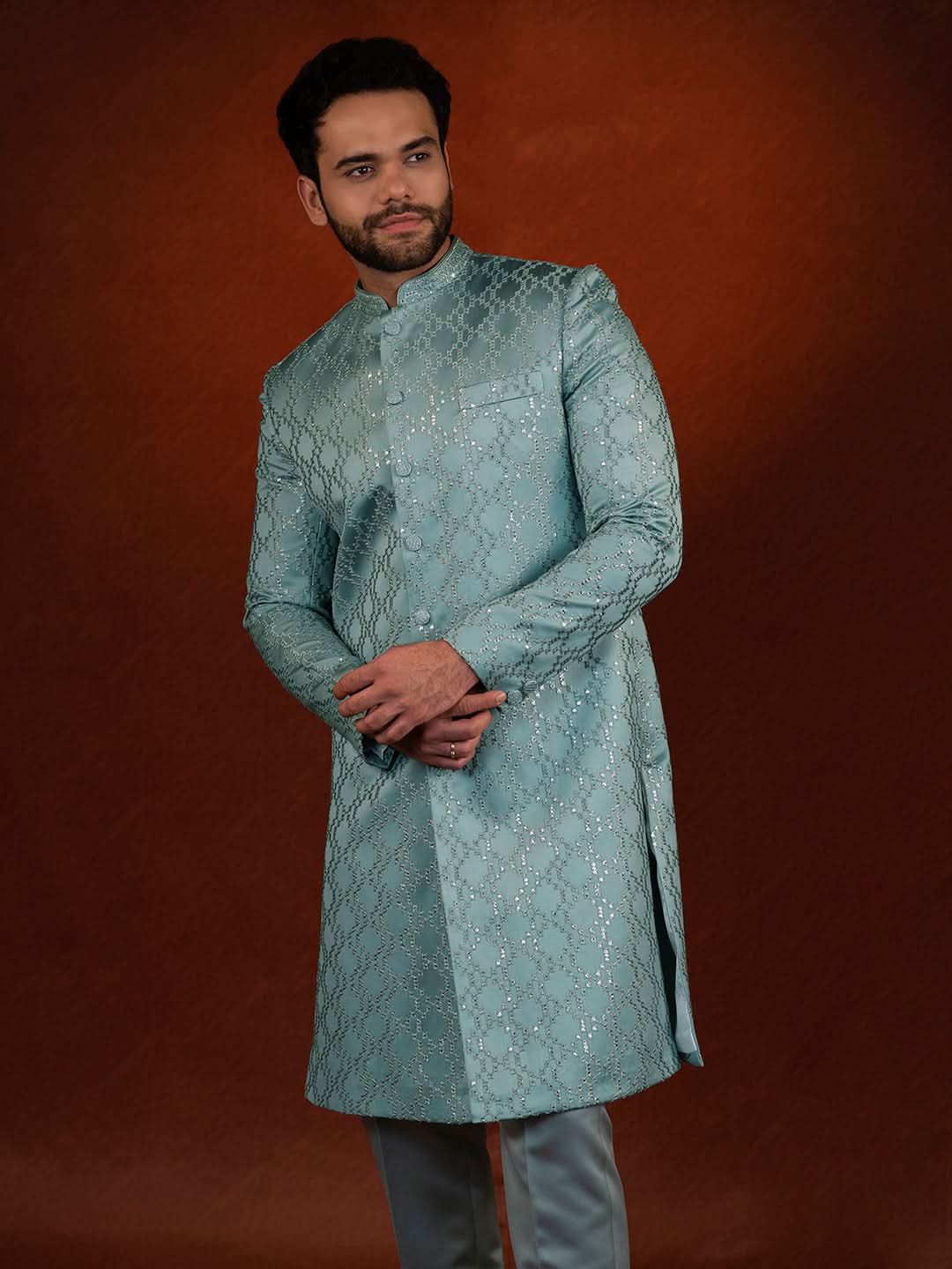 Teal Embroidered Achkan Set