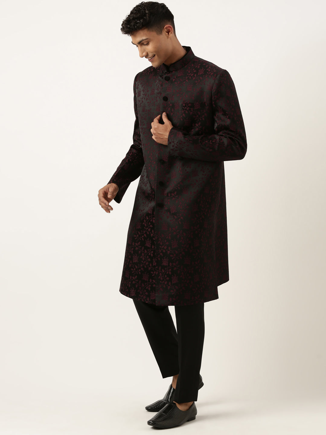 Wine Black Jacquard Indowestern Set