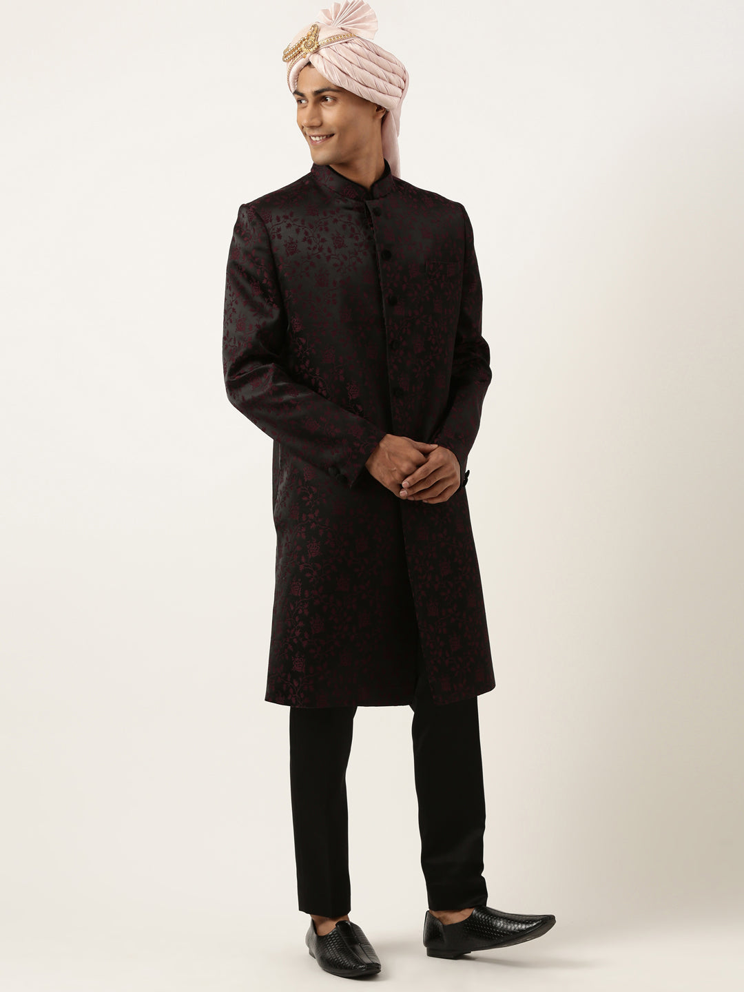 Wine Black Jacquard Indowestern Set