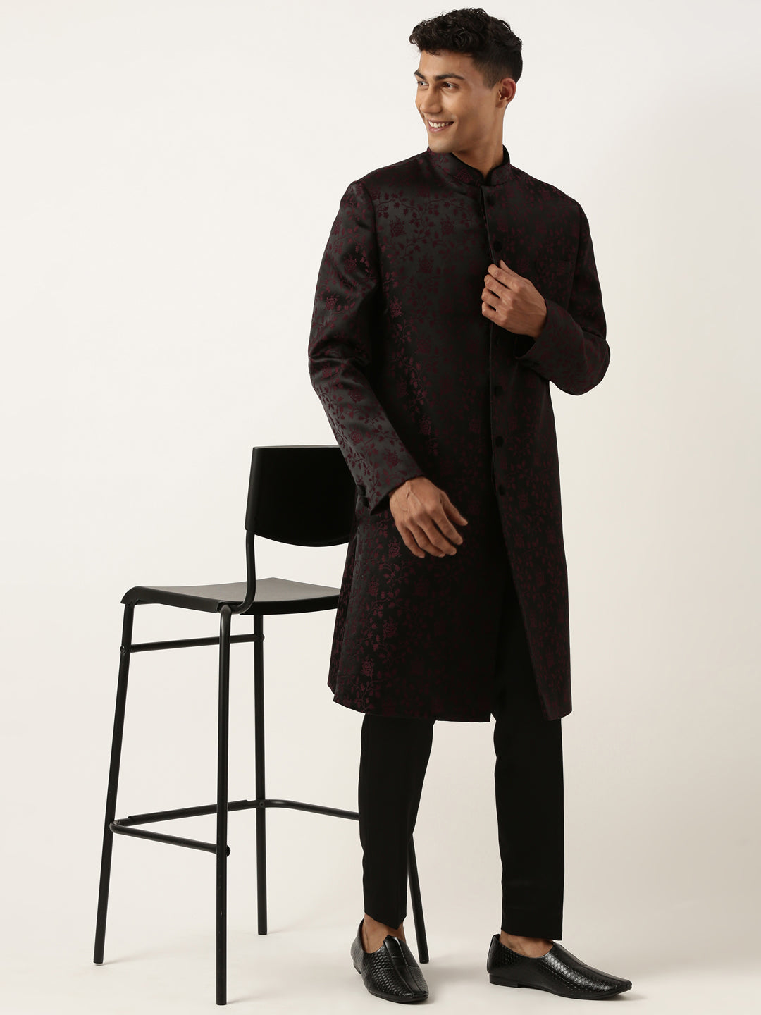 Wine Black Jacquard Indowestern Set