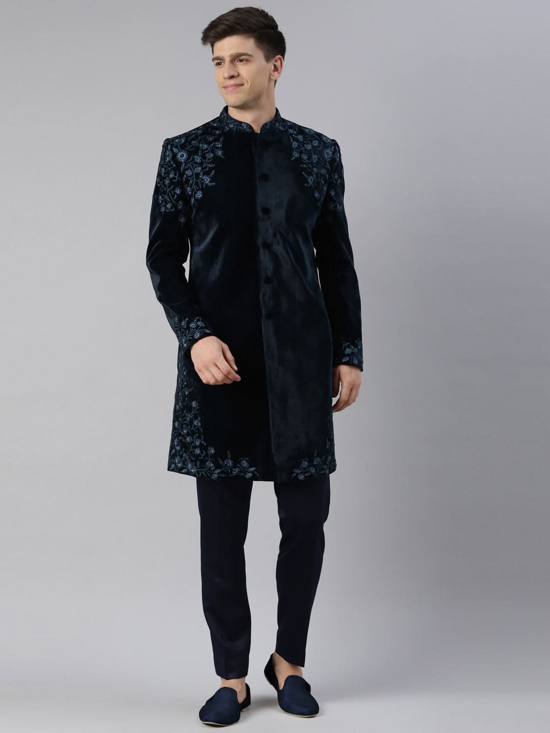 Aman Maheshwari in Navy velvet embroidery Achkan