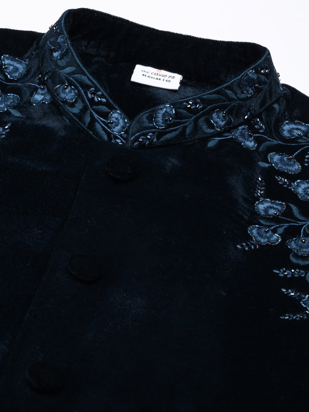 Aman Maheshwari in Navy velvet embroidery Achkan