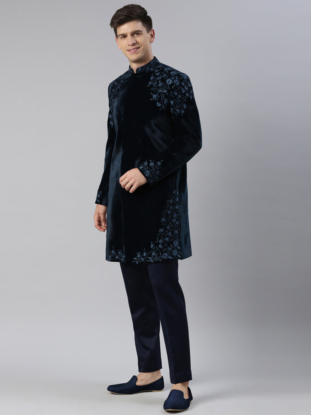 Aman Maheshwari in Navy velvet embroidery Achkan