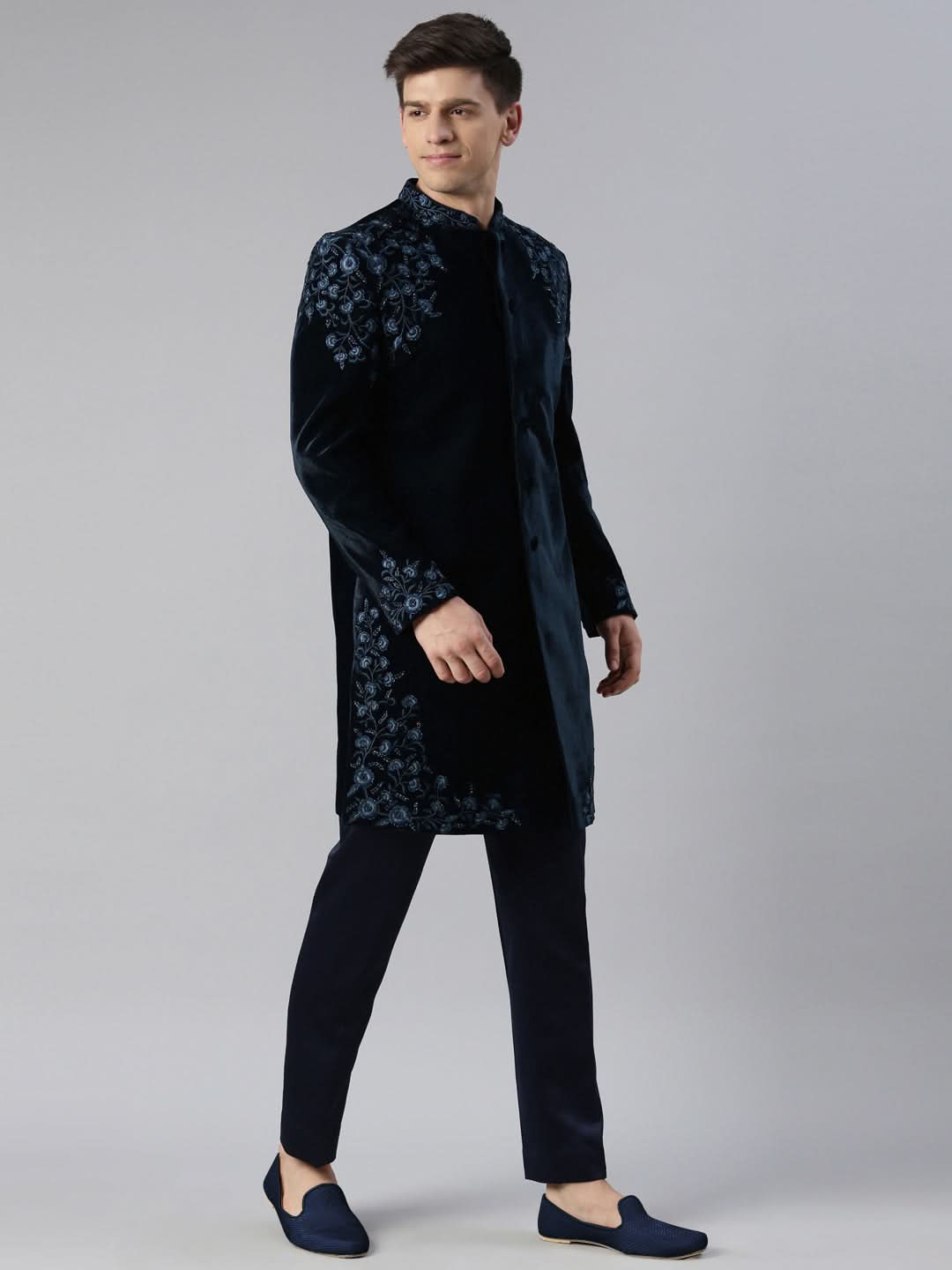 Aman Maheshwari in Navy velvet embroidery Achkan