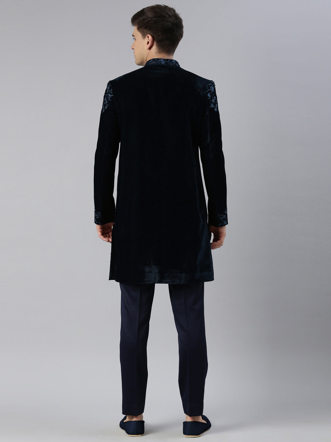 Aman Maheshwari in Navy velvet embroidery Achkan