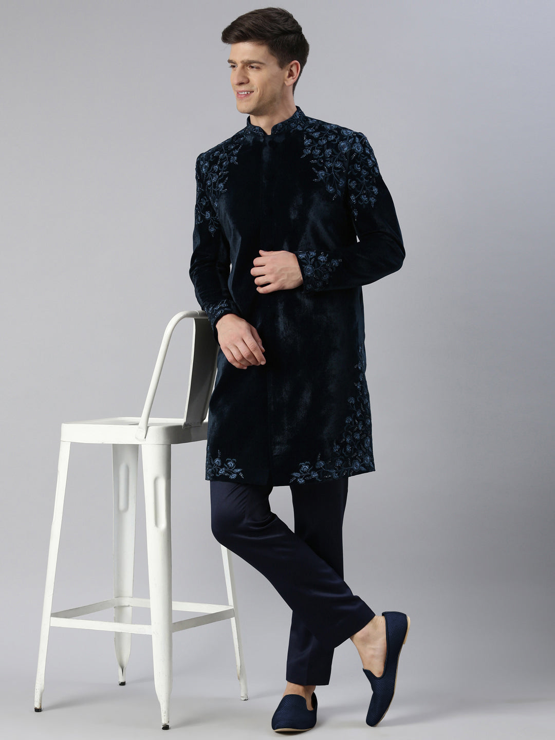 Aman Maheshwari in Navy velvet embroidery Achkan