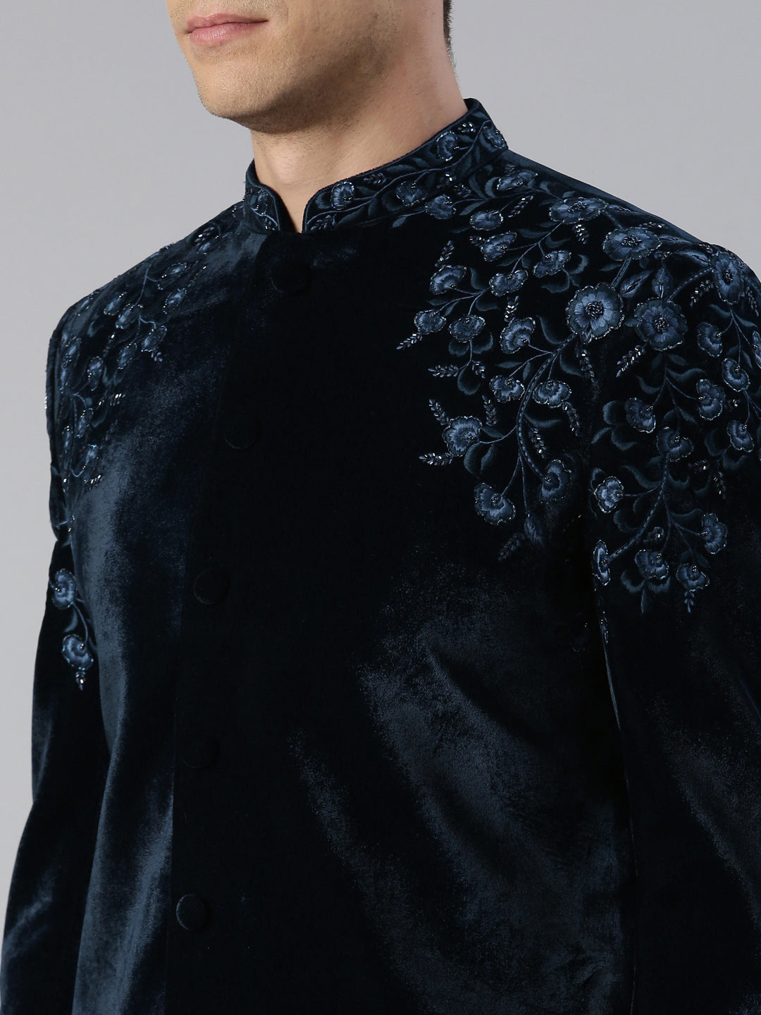 Aman Maheshwari in Navy velvet embroidery Achkan