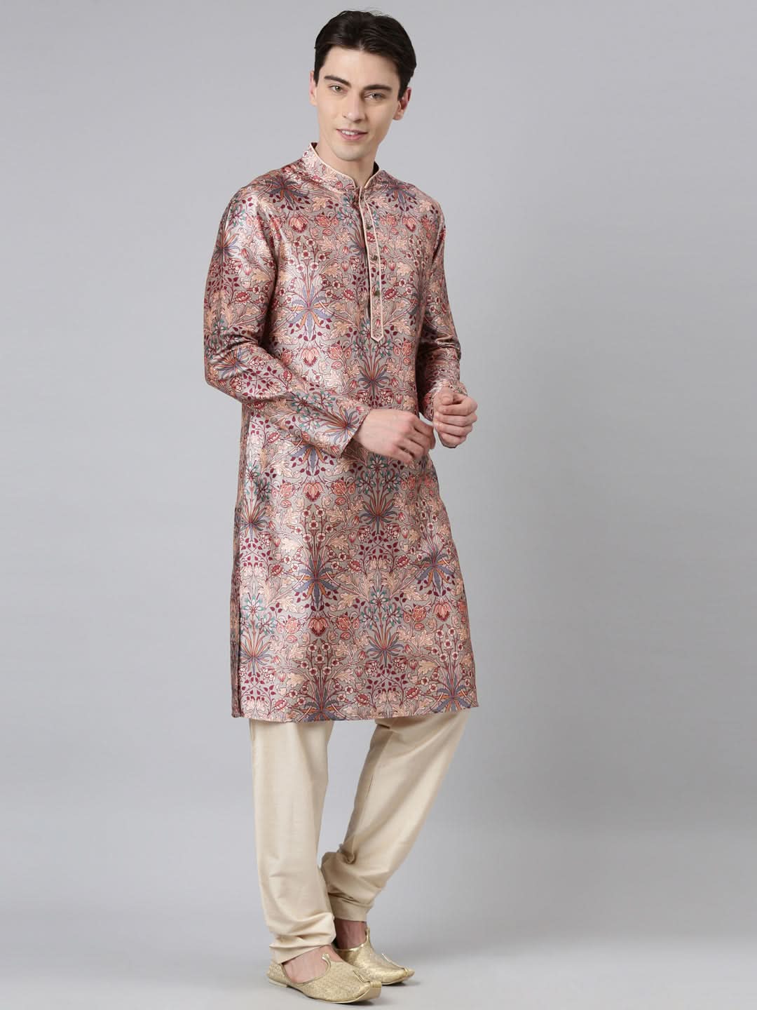 Grey Floral Silk Printed Kurta Set