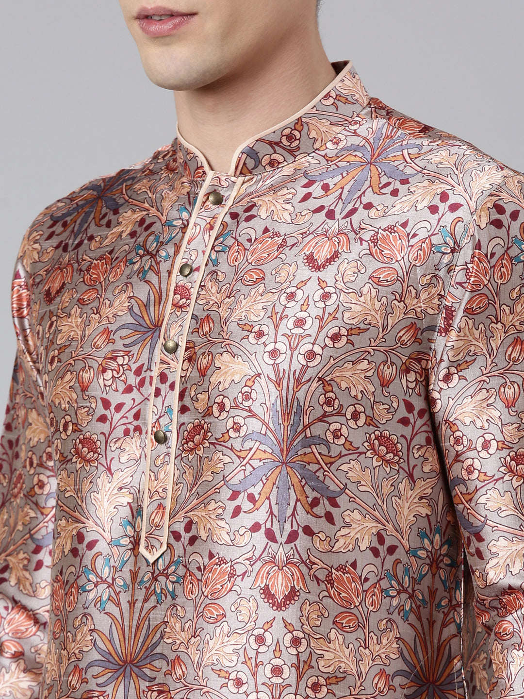 Grey Floral Silk Printed Kurta Set
