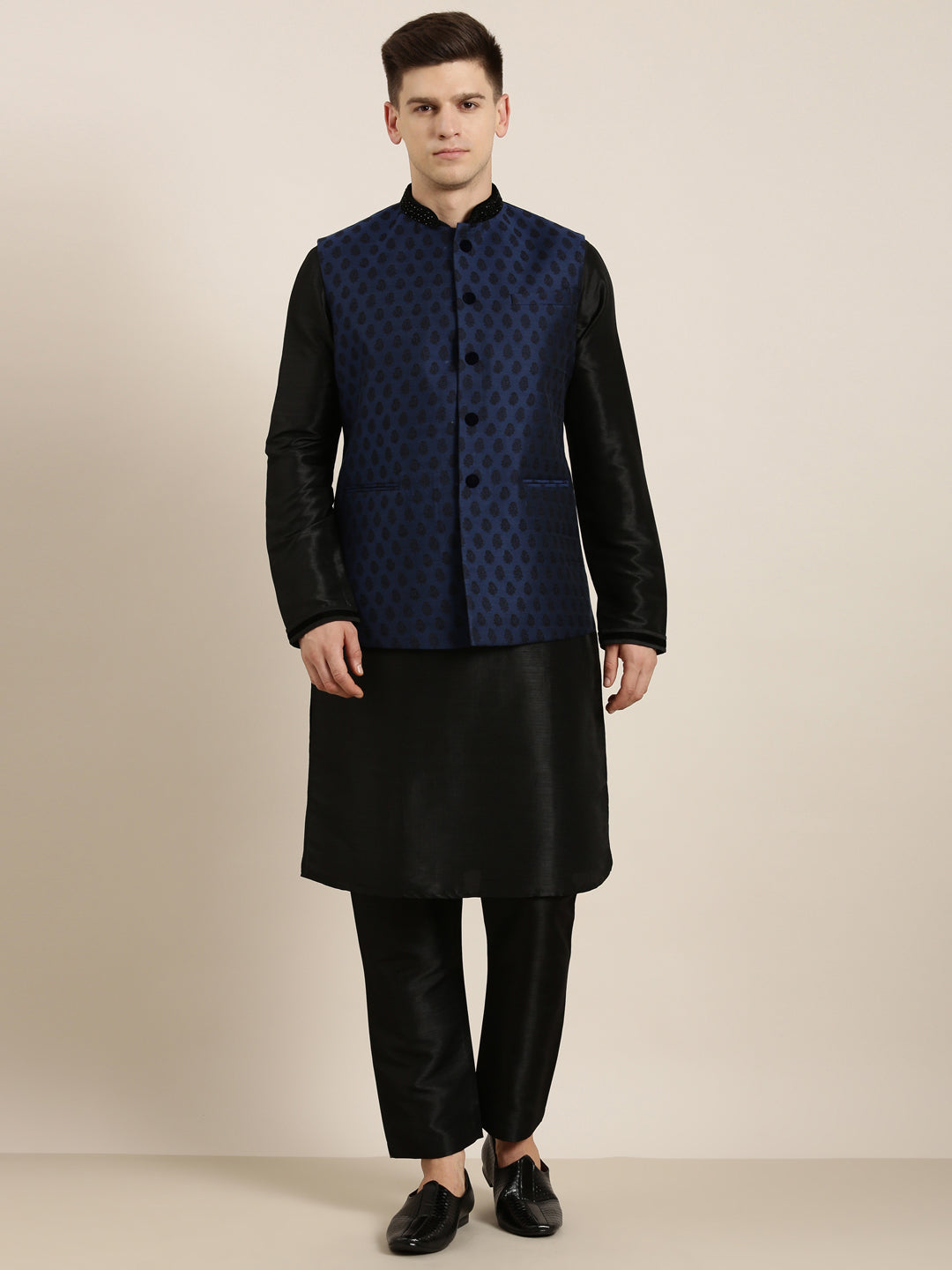Navy Jacquard Black Booti Jacket With Kurta Set