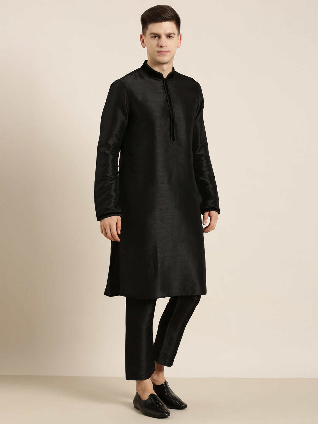 Navy Jacquard Black Booti Jacket With Kurta Set