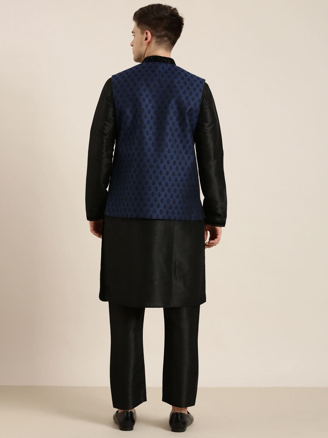 Navy Jacquard Black Booti Jacket With Kurta Set