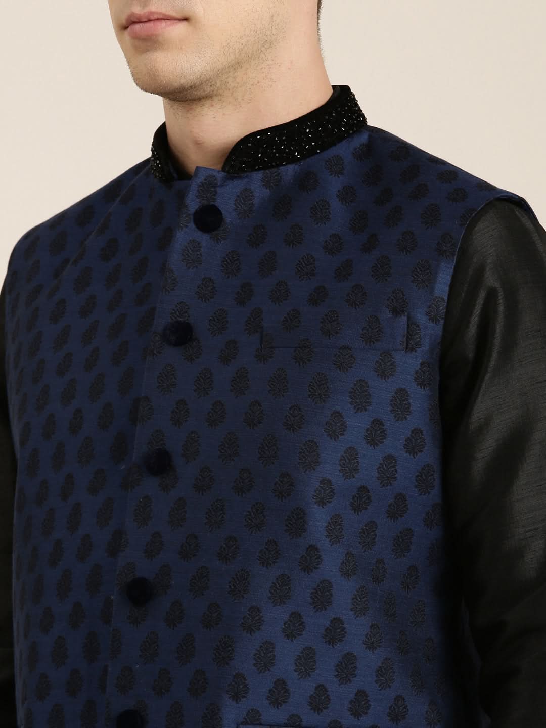 Navy Jacquard Black Booti Jacket With Kurta Set