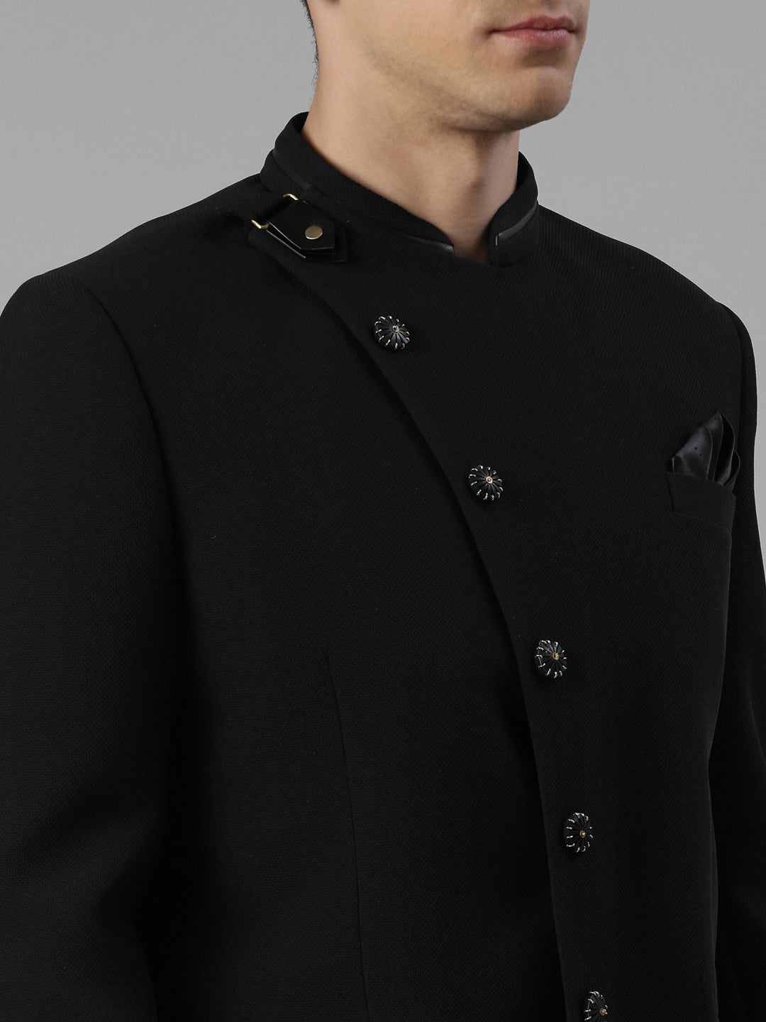 Black textured Bandhgala Set with leather detailing