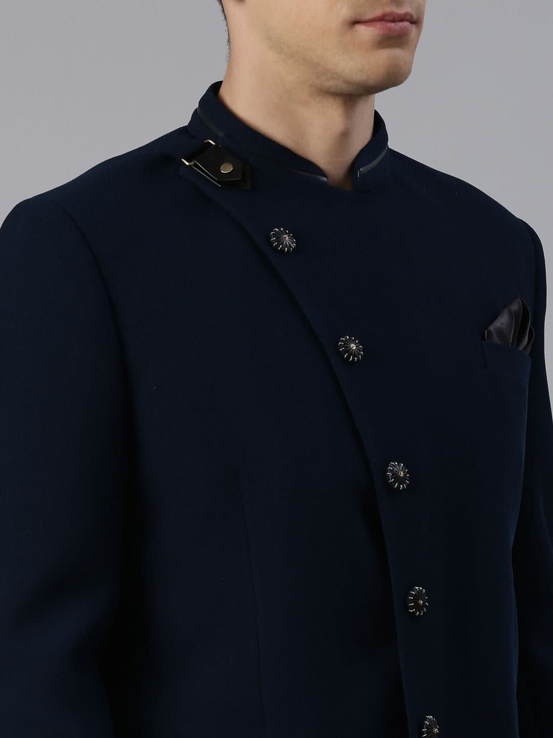 Teal Blue textured Bandhgala with leather detailing