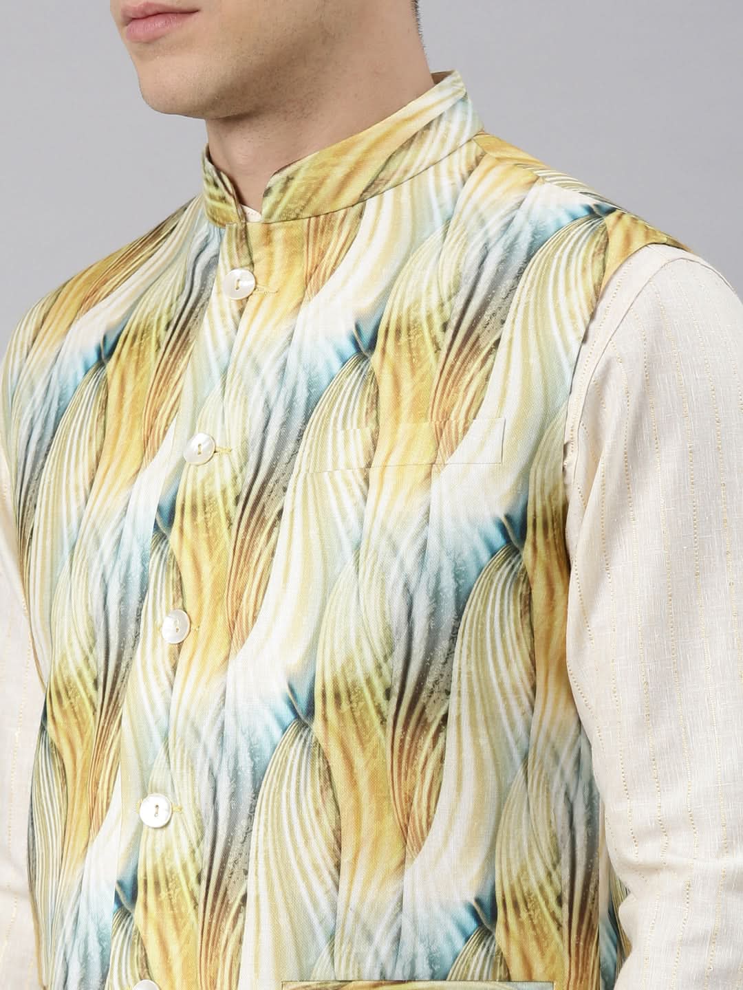 Yellow Linen Printed Jacket with Kurta Set