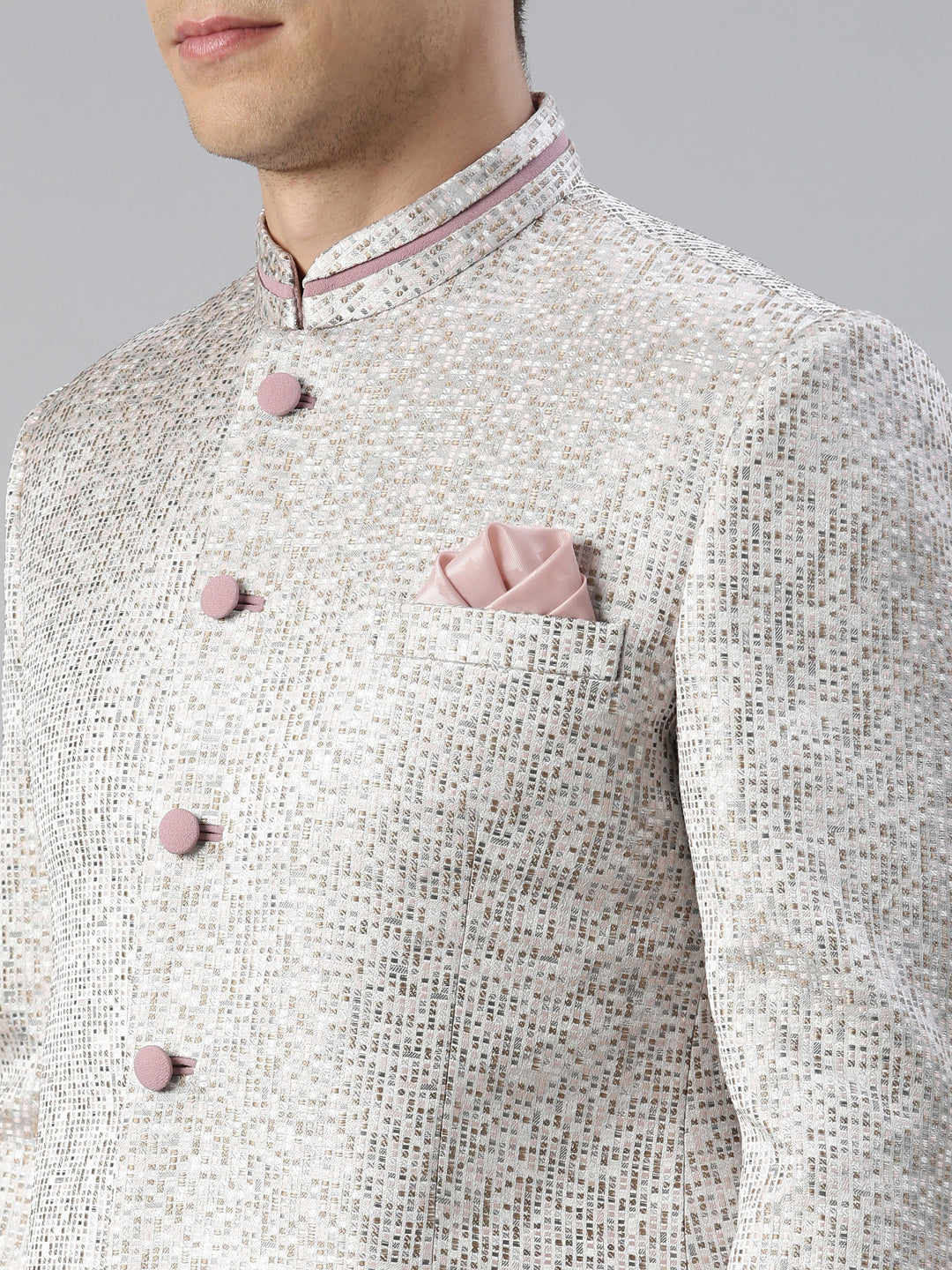 Pink Grey Jacquard Bandhgala Set
