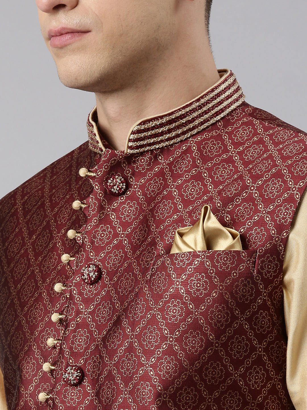Maroon Banarasi Bundi With Gold Kurta Set