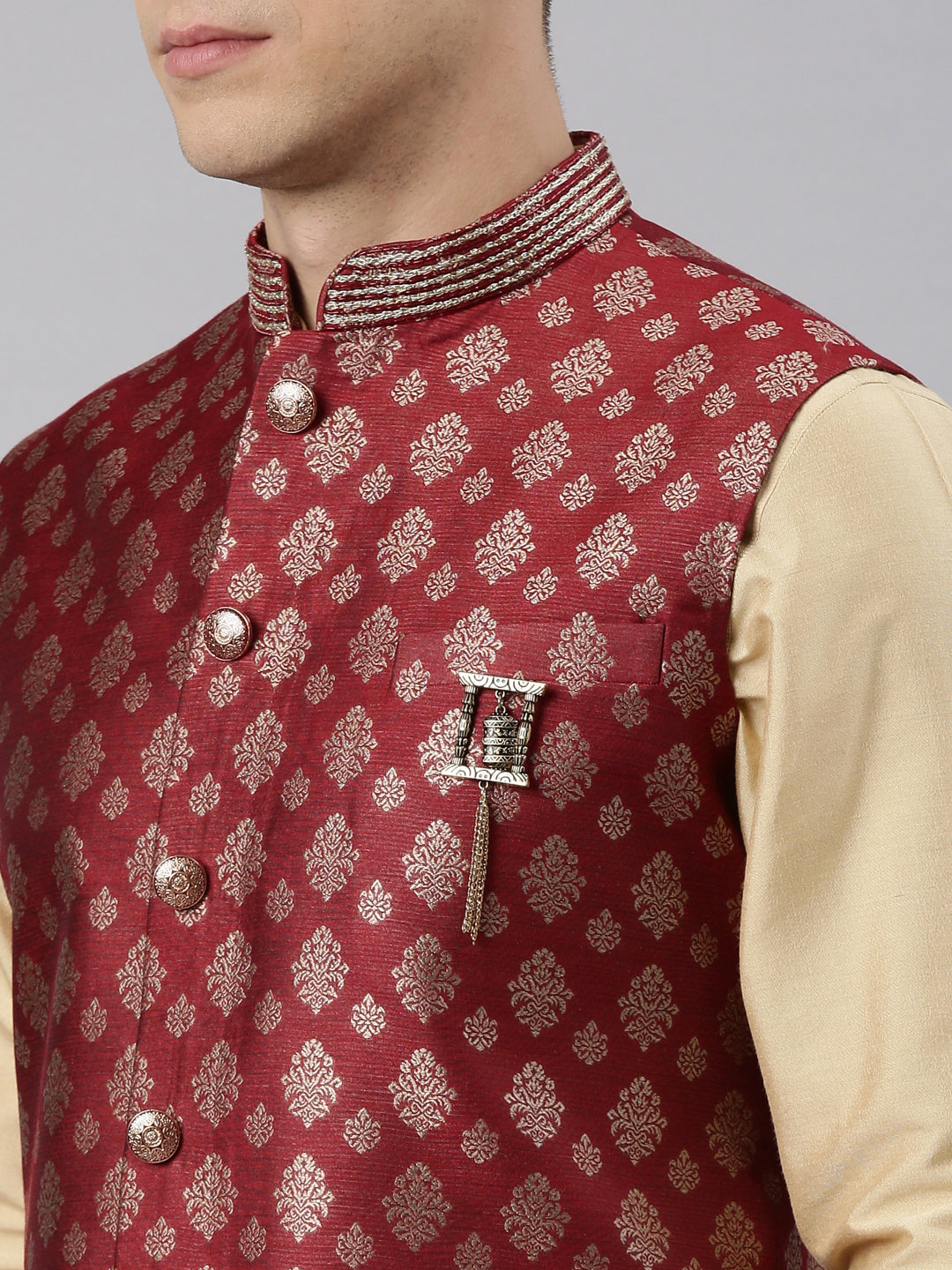 Maroon Brocade Bundi With Gold Kurta