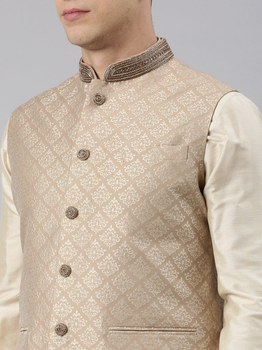 Beige Gold Jacquard Jacket W Ivory Kurta