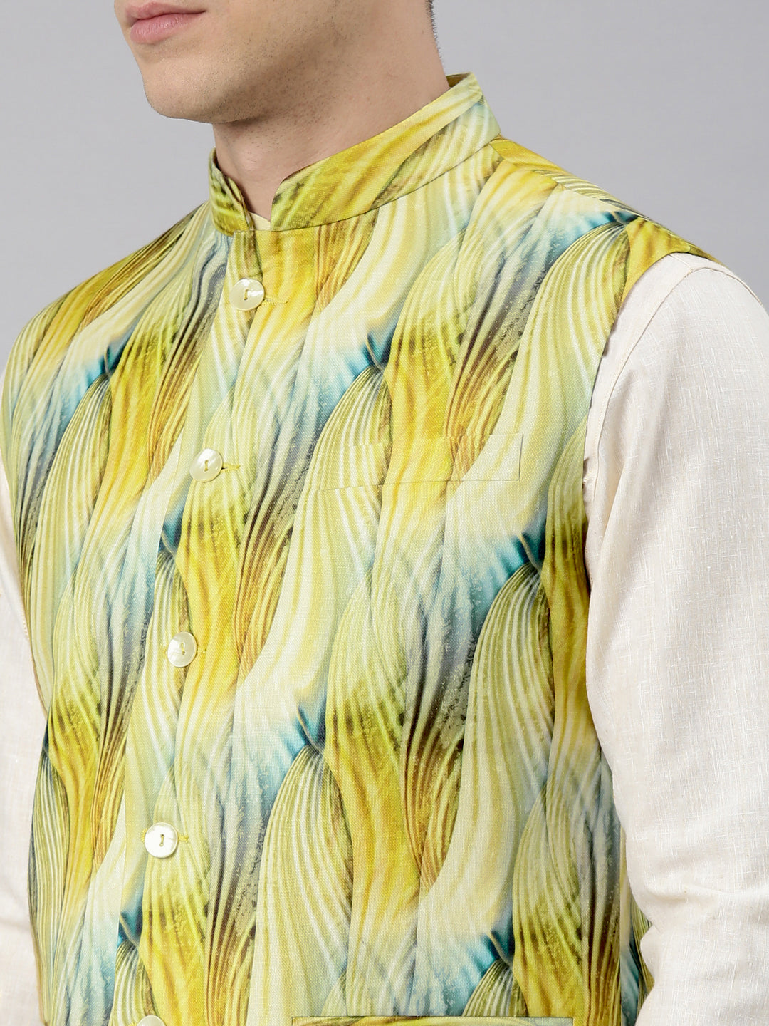 Yellow Linen Printed Jacket with Kurta Set