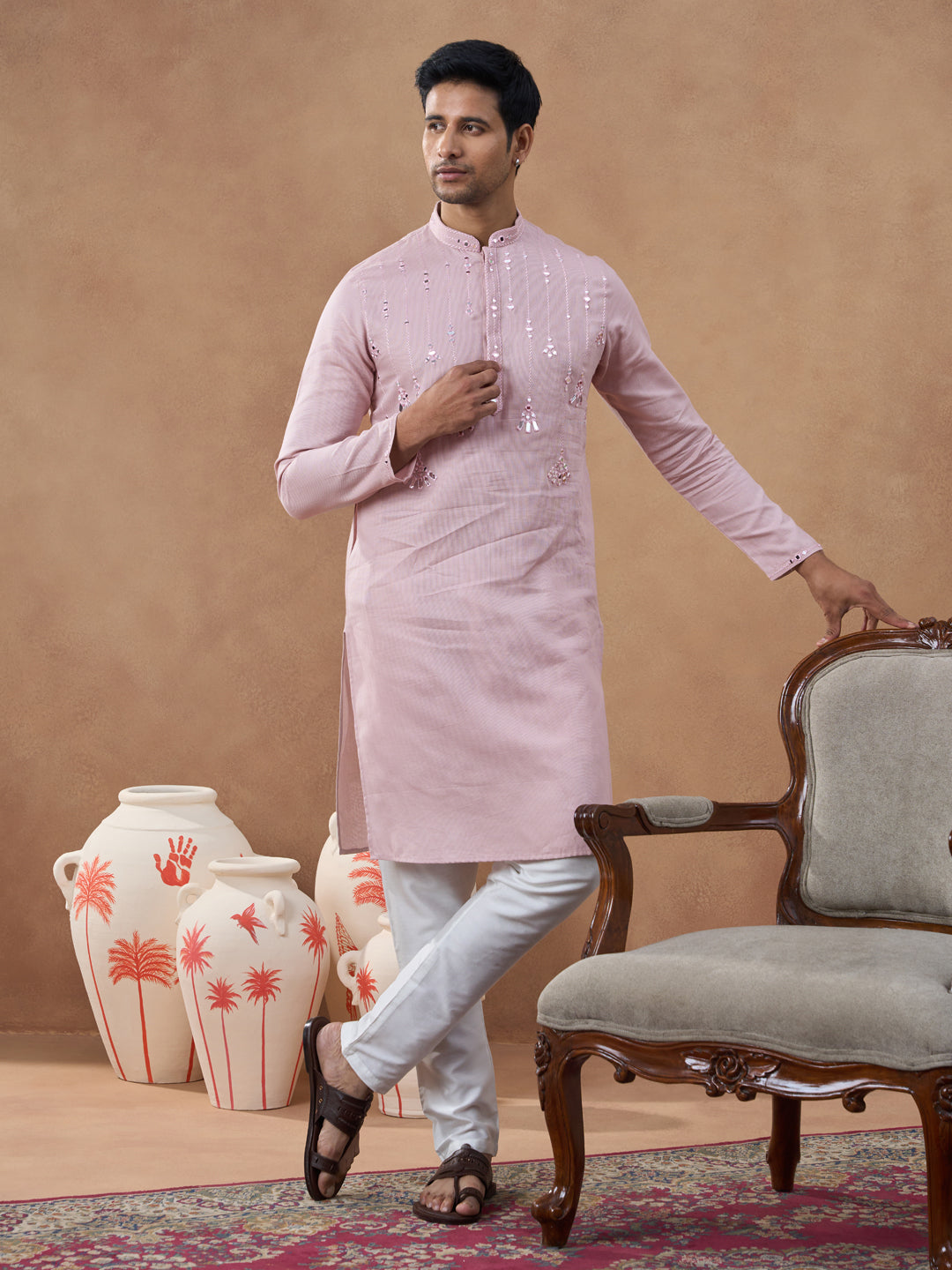Peach Mirror Embroidered Kurta Set