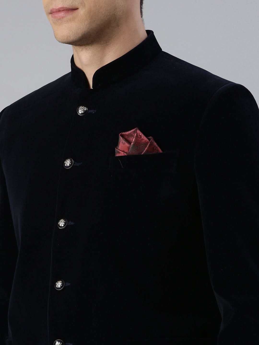 Navy velvet patch pocket jodhpuri set