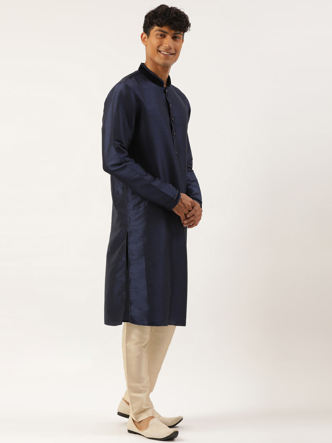 Navy Jacquard Gold Booti Jacket With Navy Kurta Set