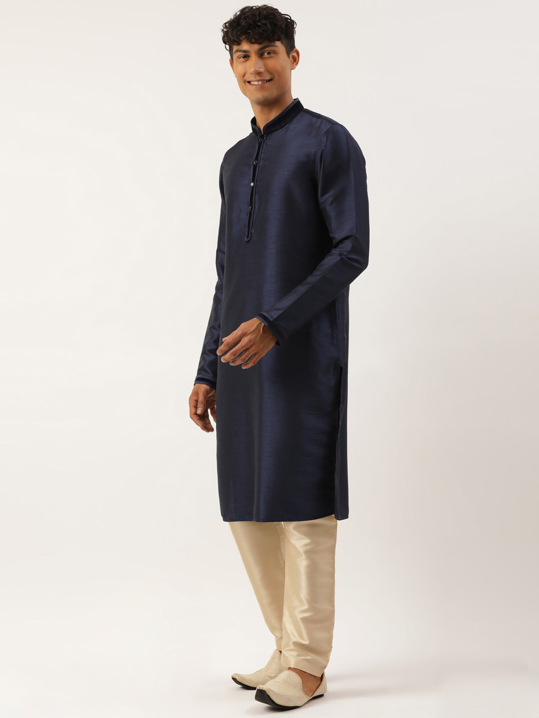 Navy Jacquard Gold Booti Jacket With Navy Kurta Set
