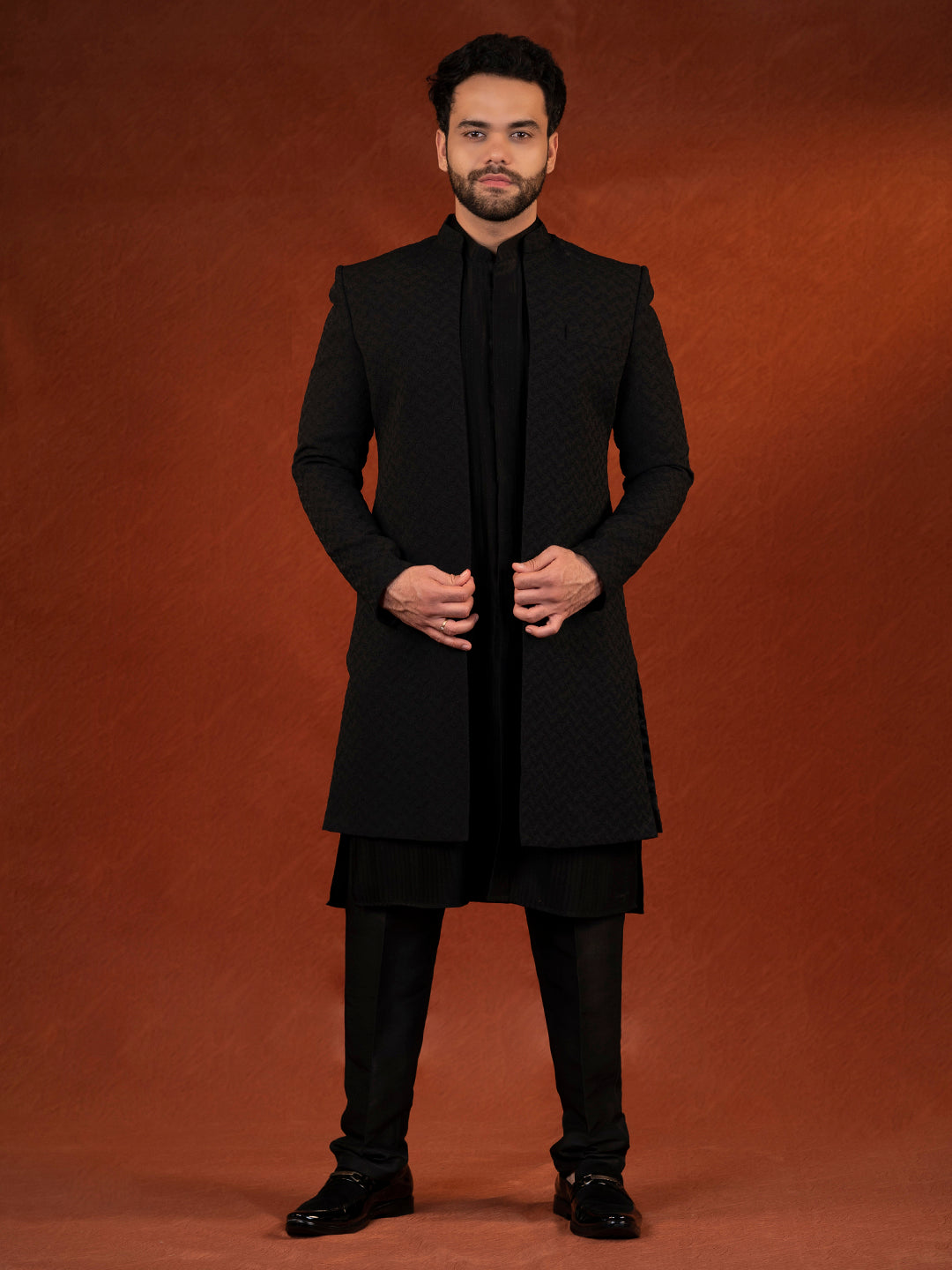 Anupam Kher in Black Shimmer Jacket Kurta set