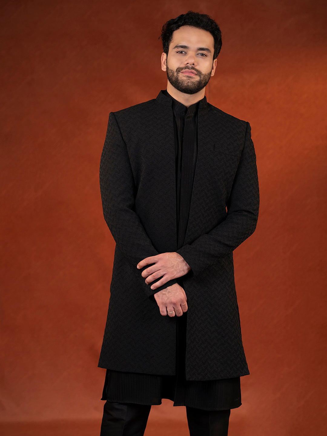 Anupam Kher in Black Shimmer Jacket Kurta set