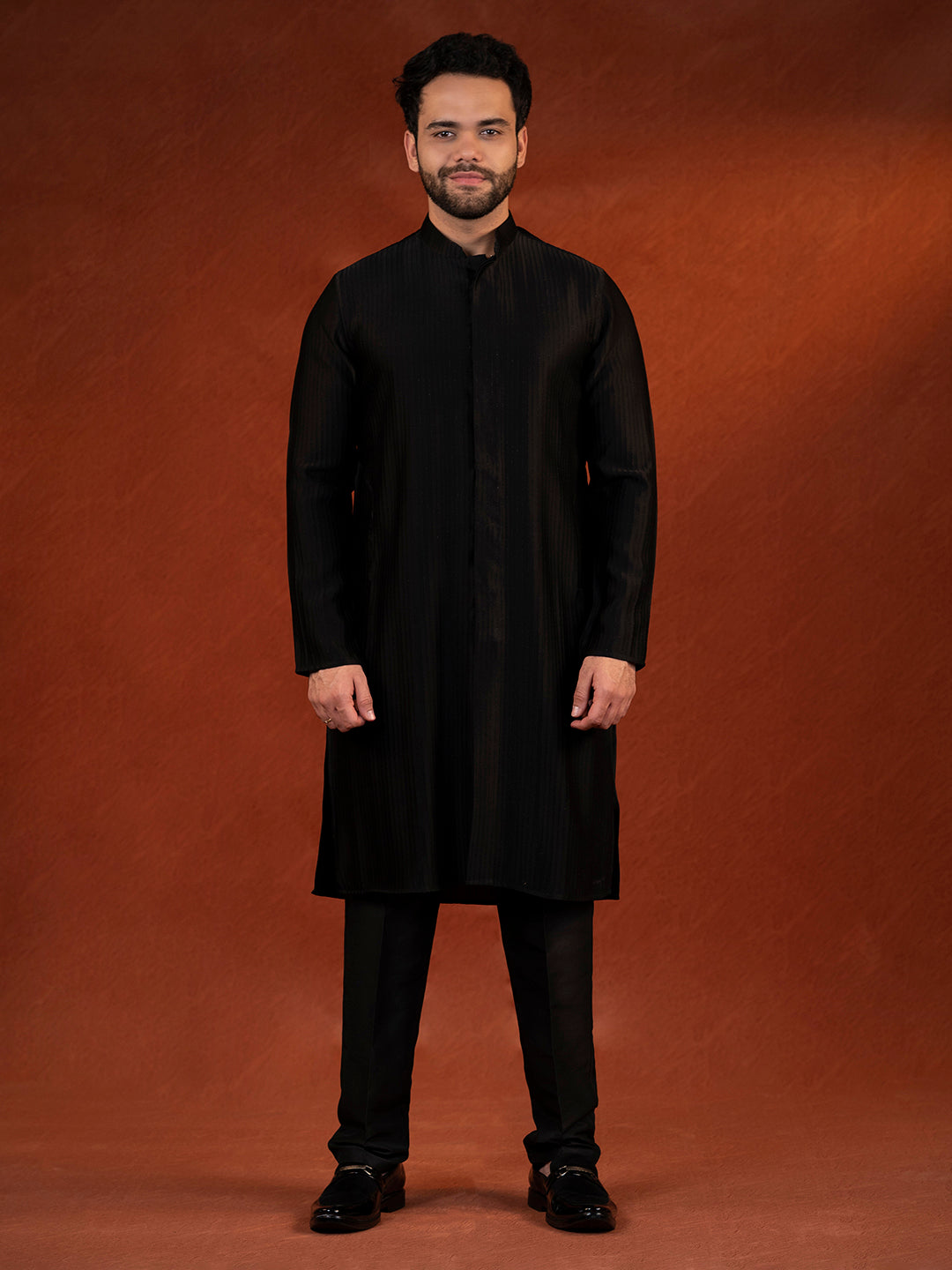 Anupam Kher in Black Shimmer Jacket Kurta set