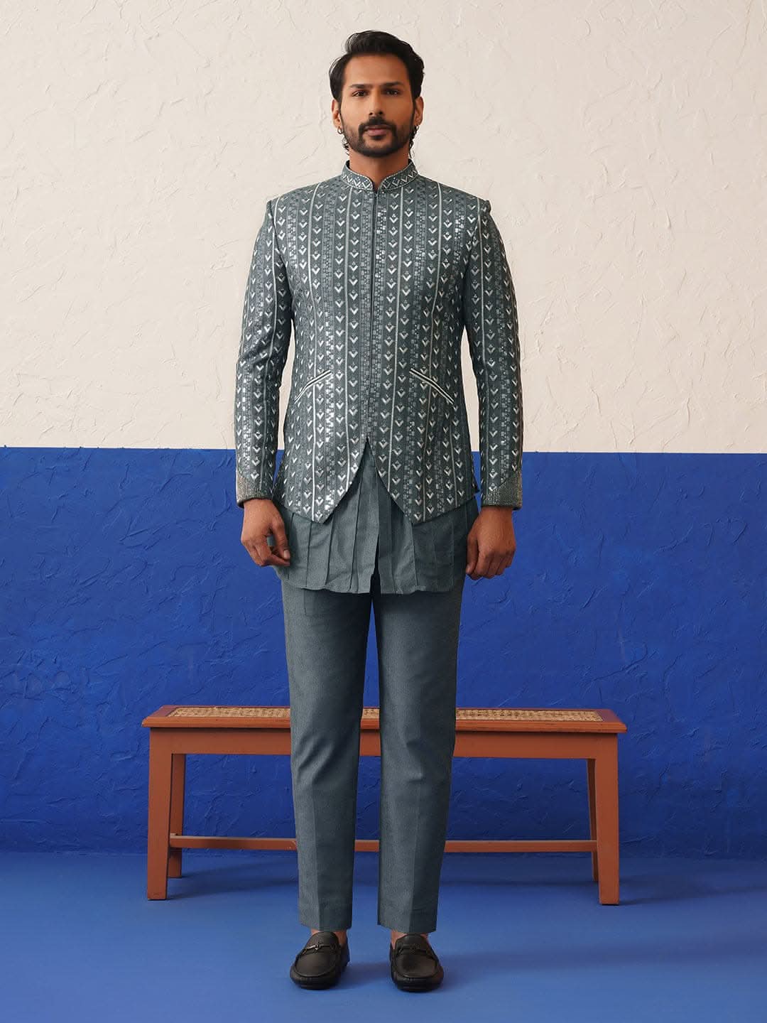 Geometric embroidered Short Jacket with pleated Kurta Set