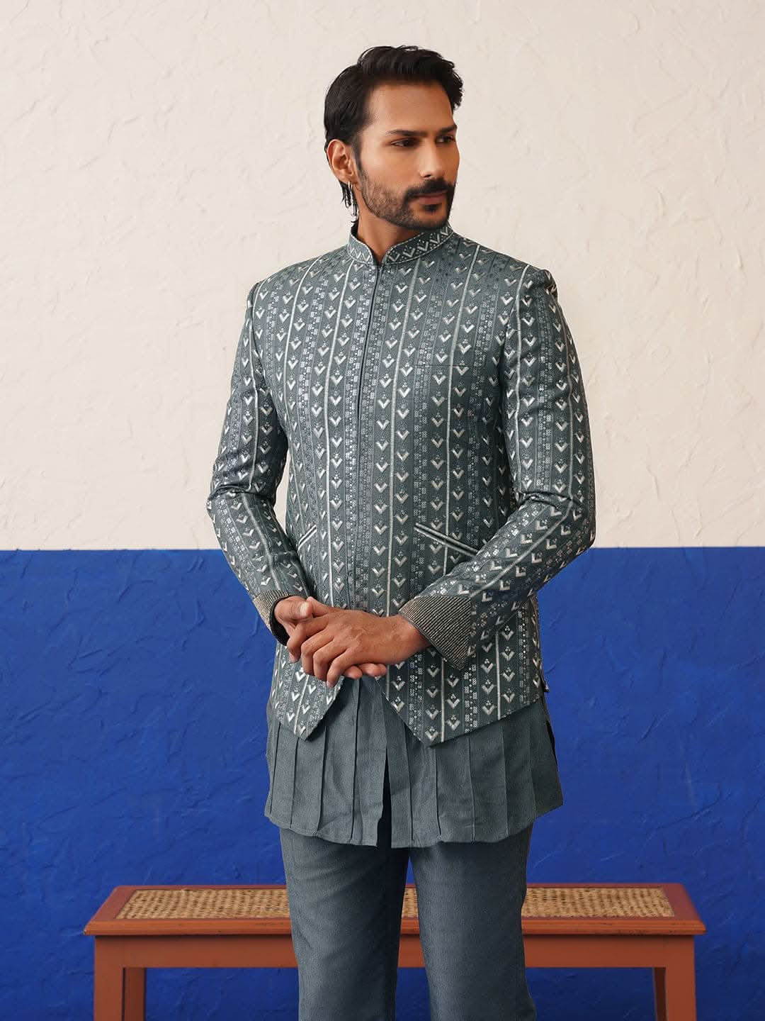 Geometric embroidered Short Jacket with pleated Kurta Set