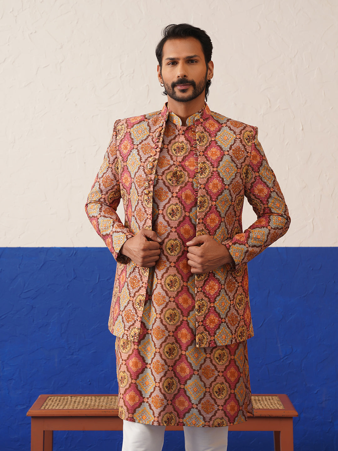 Multi color Short Jacket with printed Kurta indo set