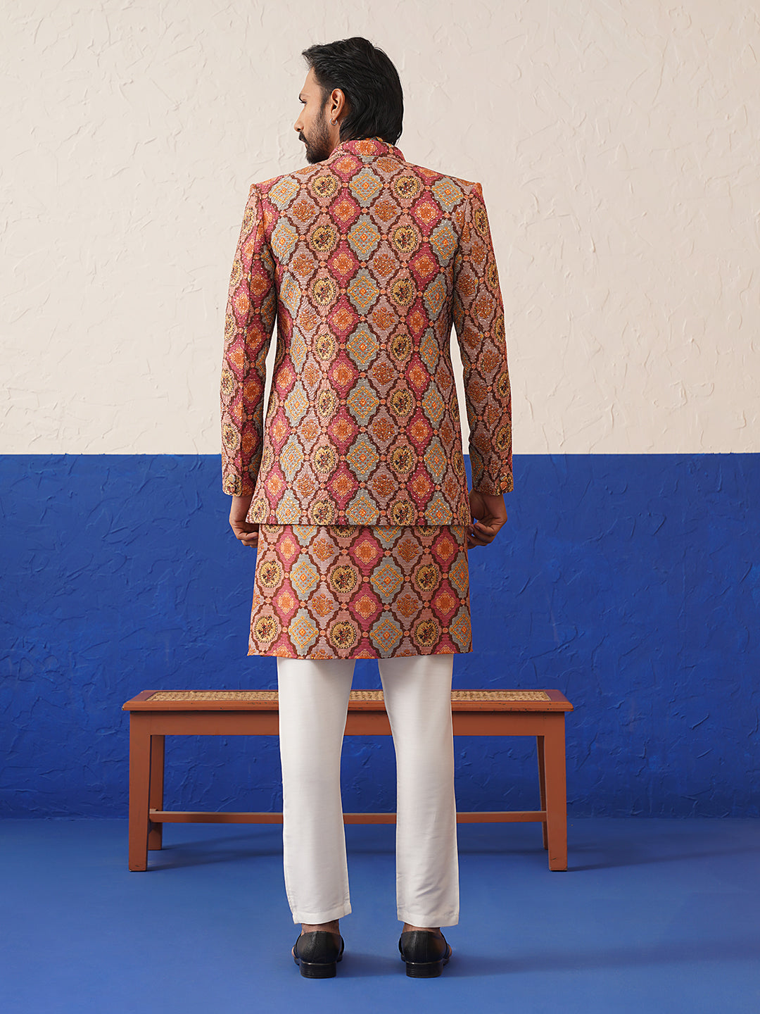 Multi color Short Jacket with printed Kurta indo set