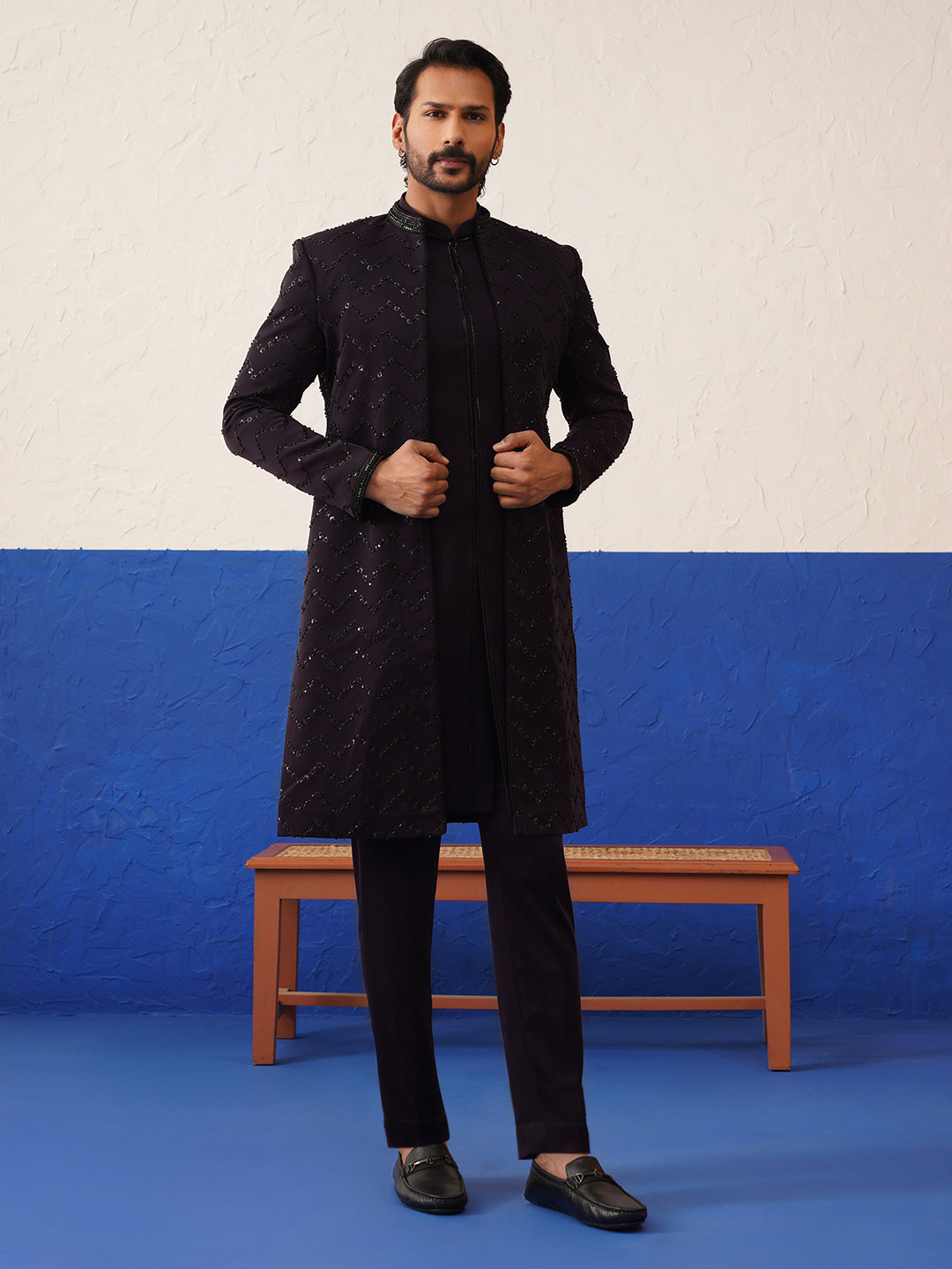 Rithvik Dhanjani in Wine front open indowestern set