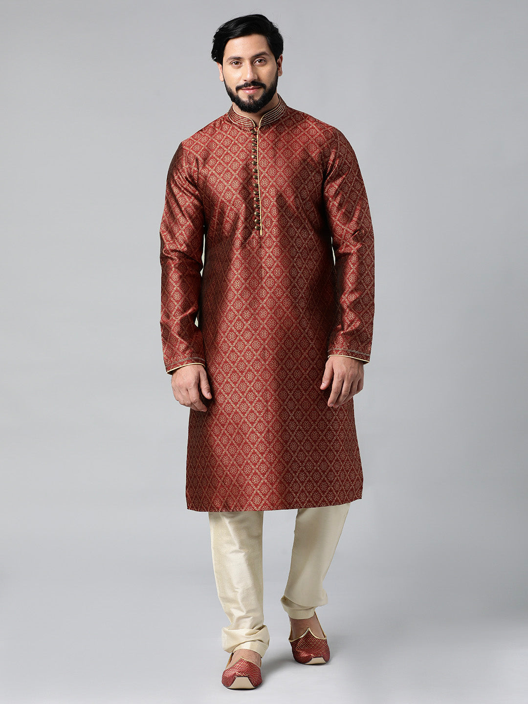 Maroon with Golden Floral Jaal Open Kurta Set