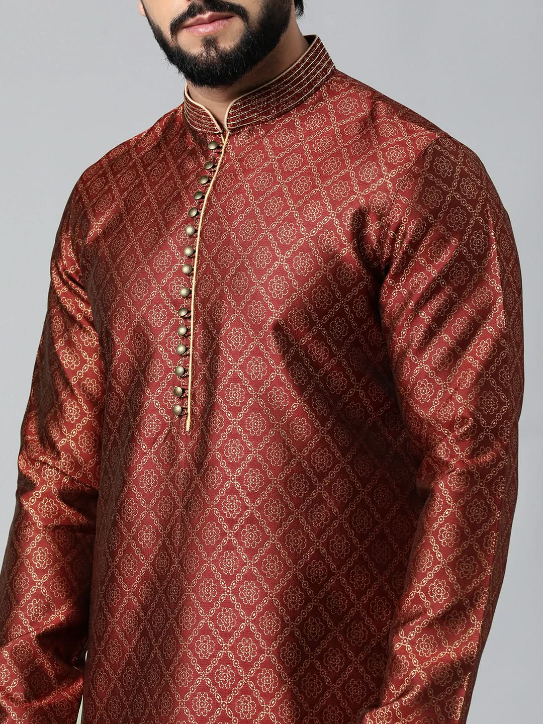 Maroon with Golden Floral Jaal Open Kurta Set