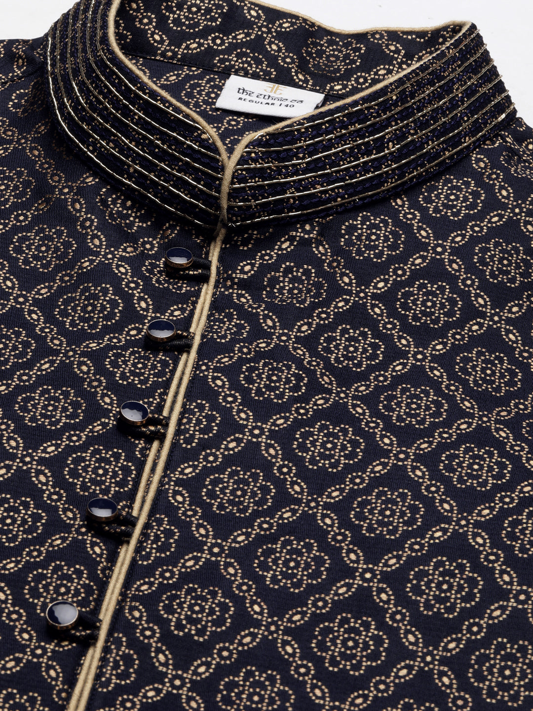 Midnight Blue with Golden Floral Jaal Open Kurta Set