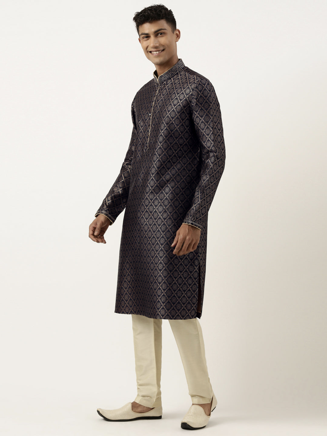 Midnight Blue with Golden Floral Jaal Open Kurta Set