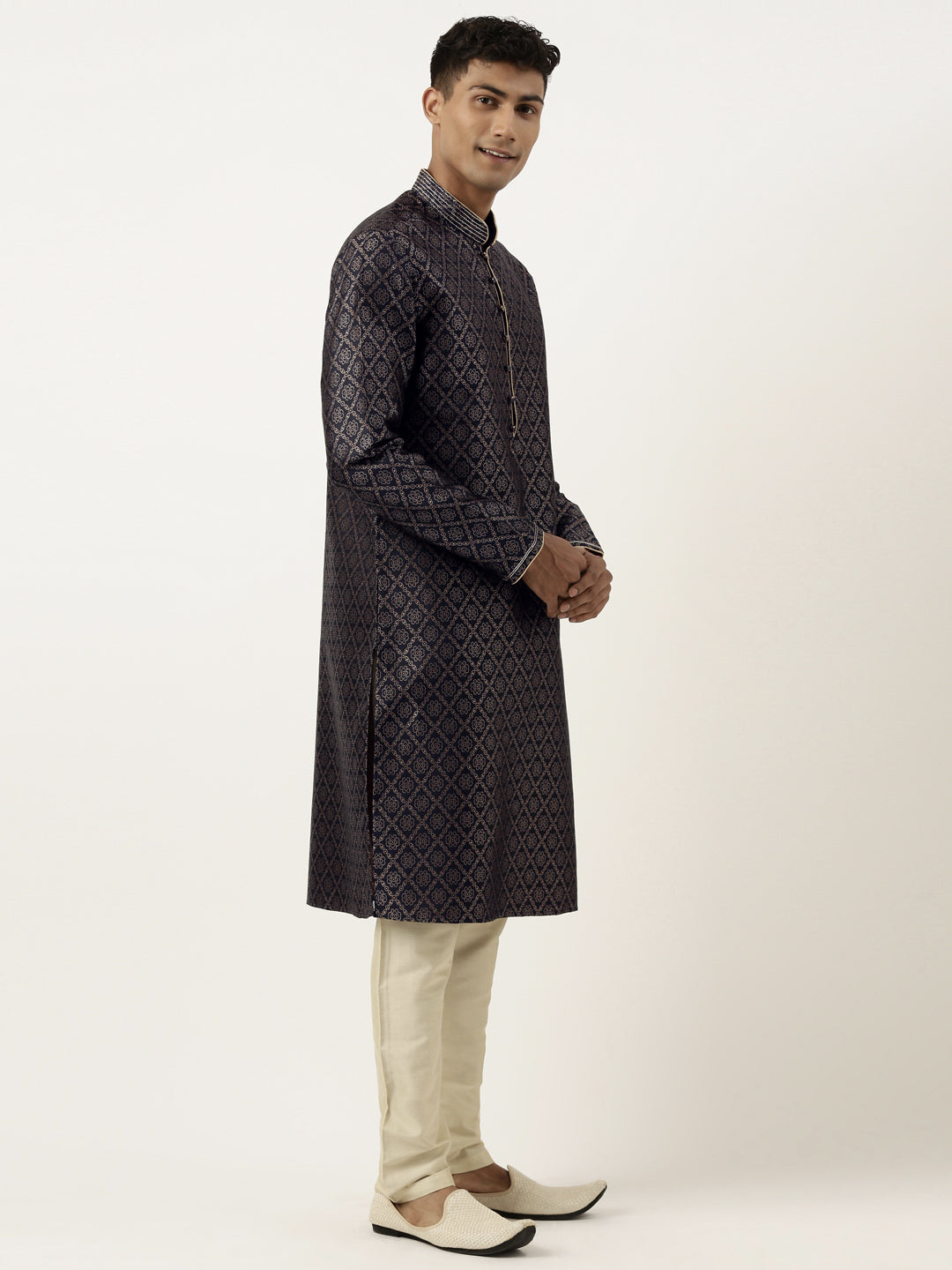 Midnight Blue with Golden Floral Jaal Open Kurta Set
