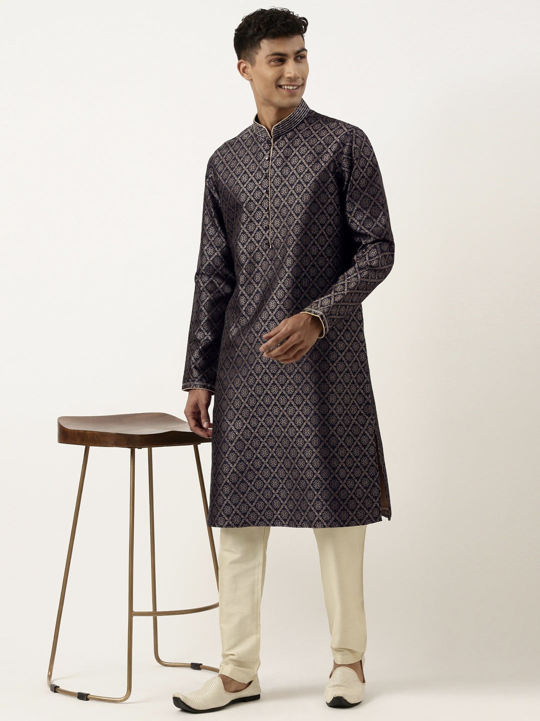Midnight Blue with Golden Floral Jaal Open Kurta Set