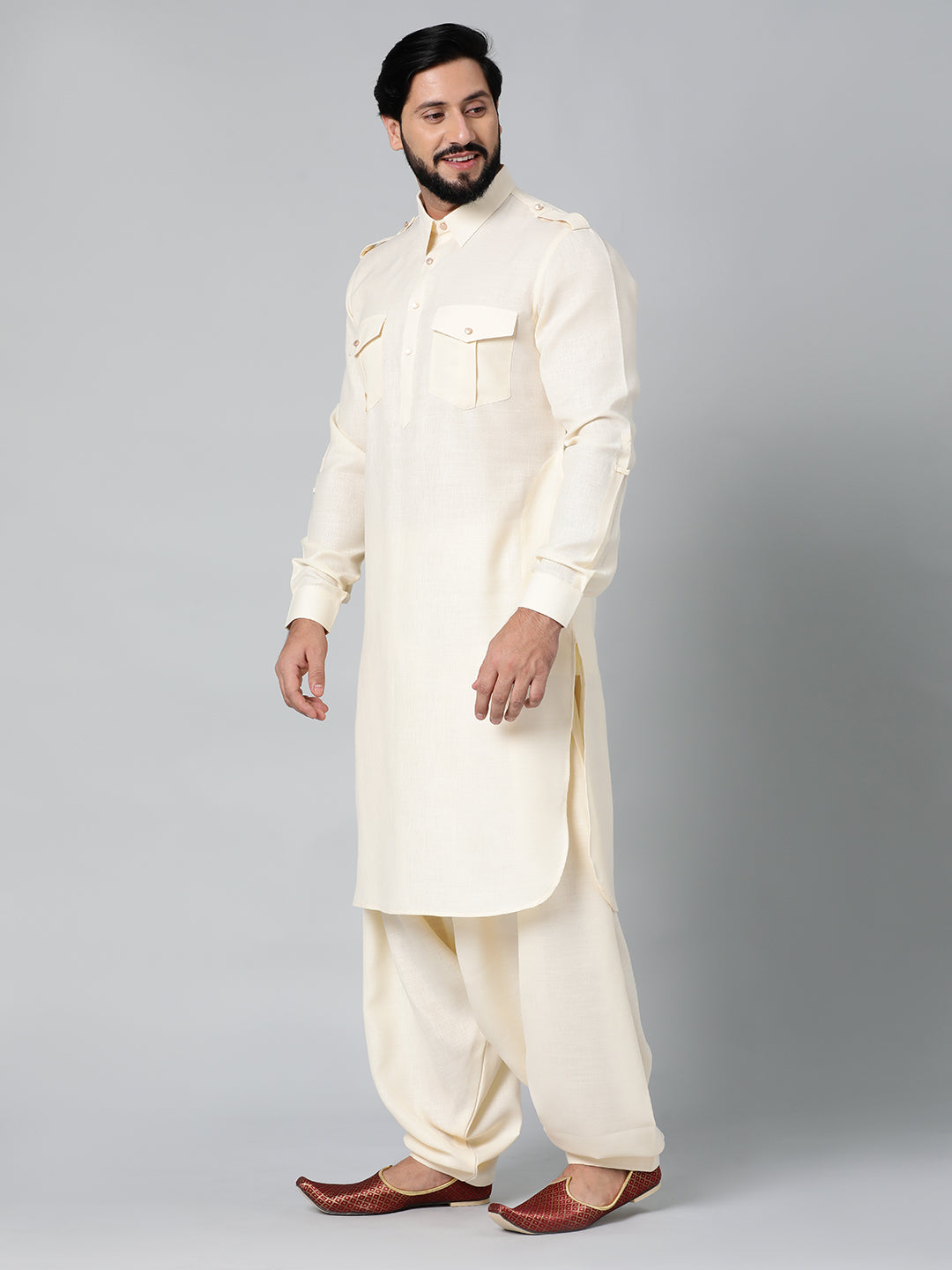 Cream Embroidery Jacket With Pathani Set