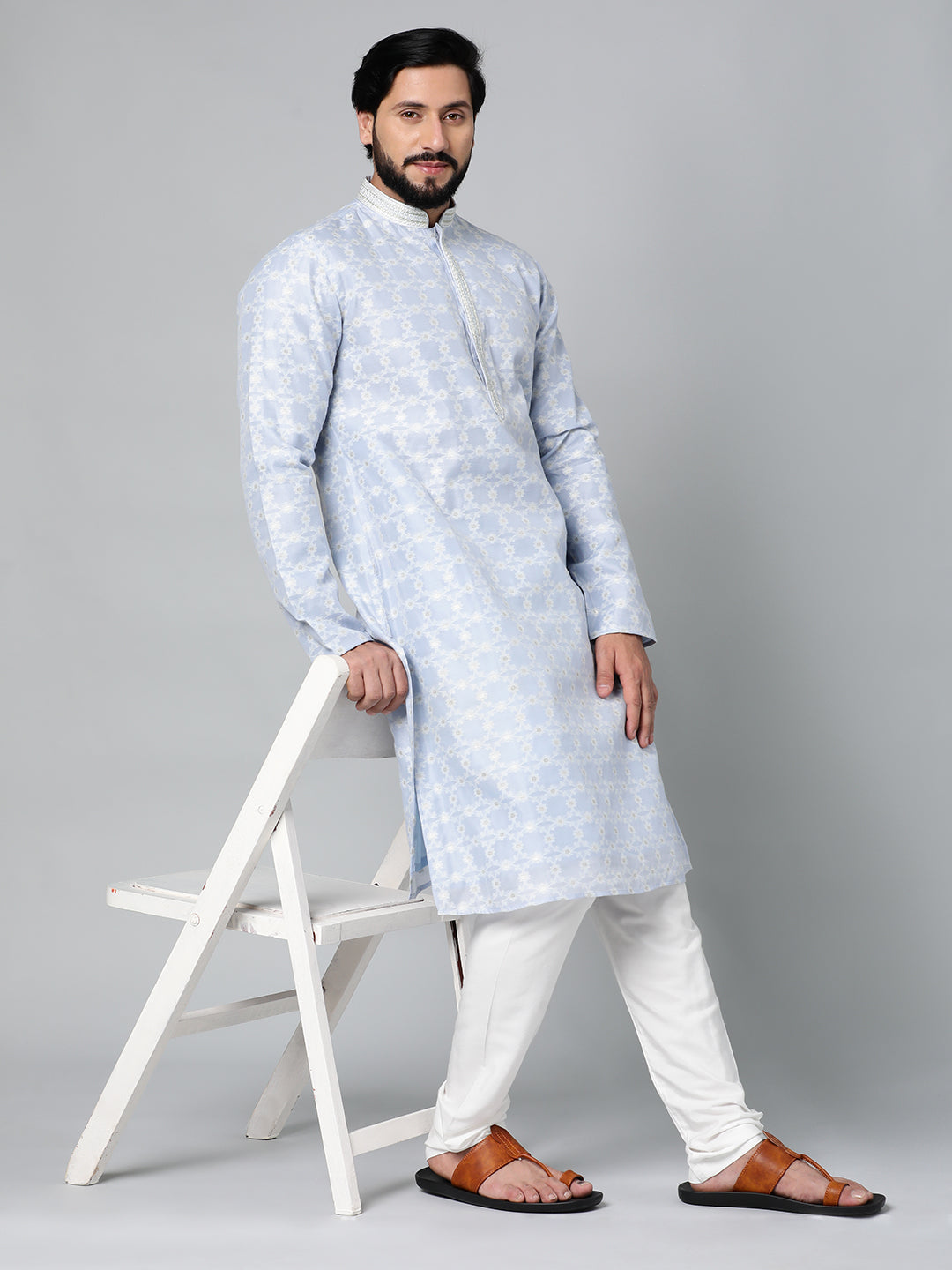 POWDER BLUE SILK JACQUARD CEREMONIAL  KURTA