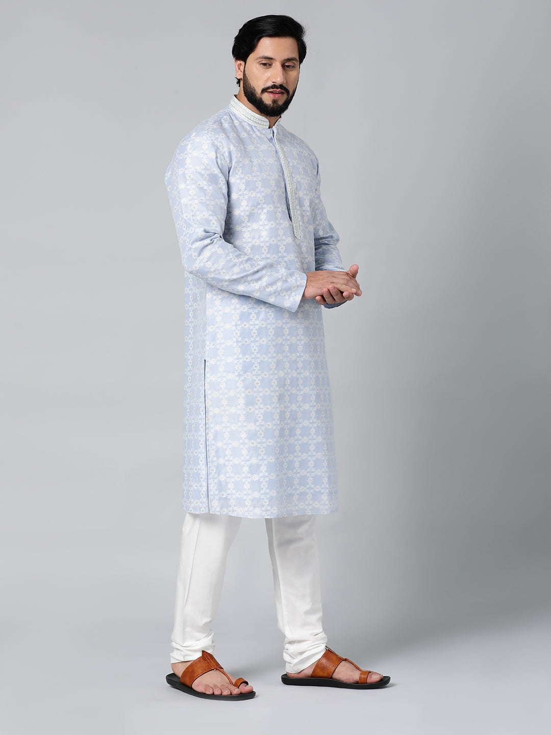 POWDER BLUE SILK JACQUARD CEREMONIAL  KURTA