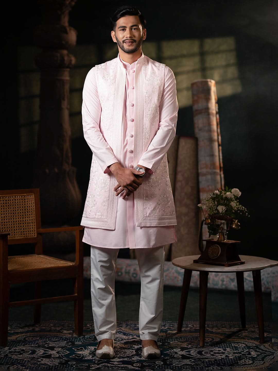 Pink linen Embroidery Long Open Jacket