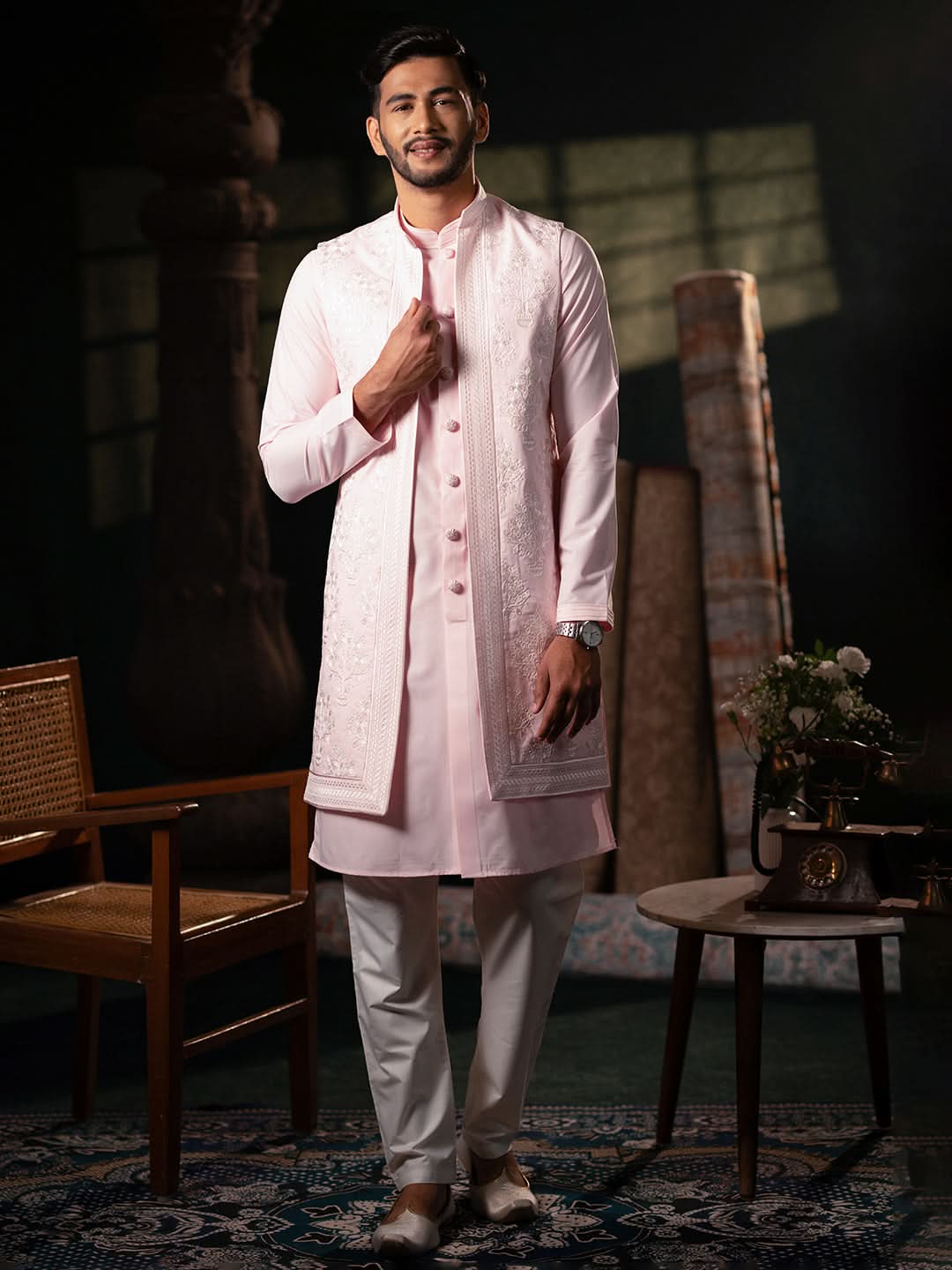 Pink linen Embroidery Long Open Jacket Kurta Set