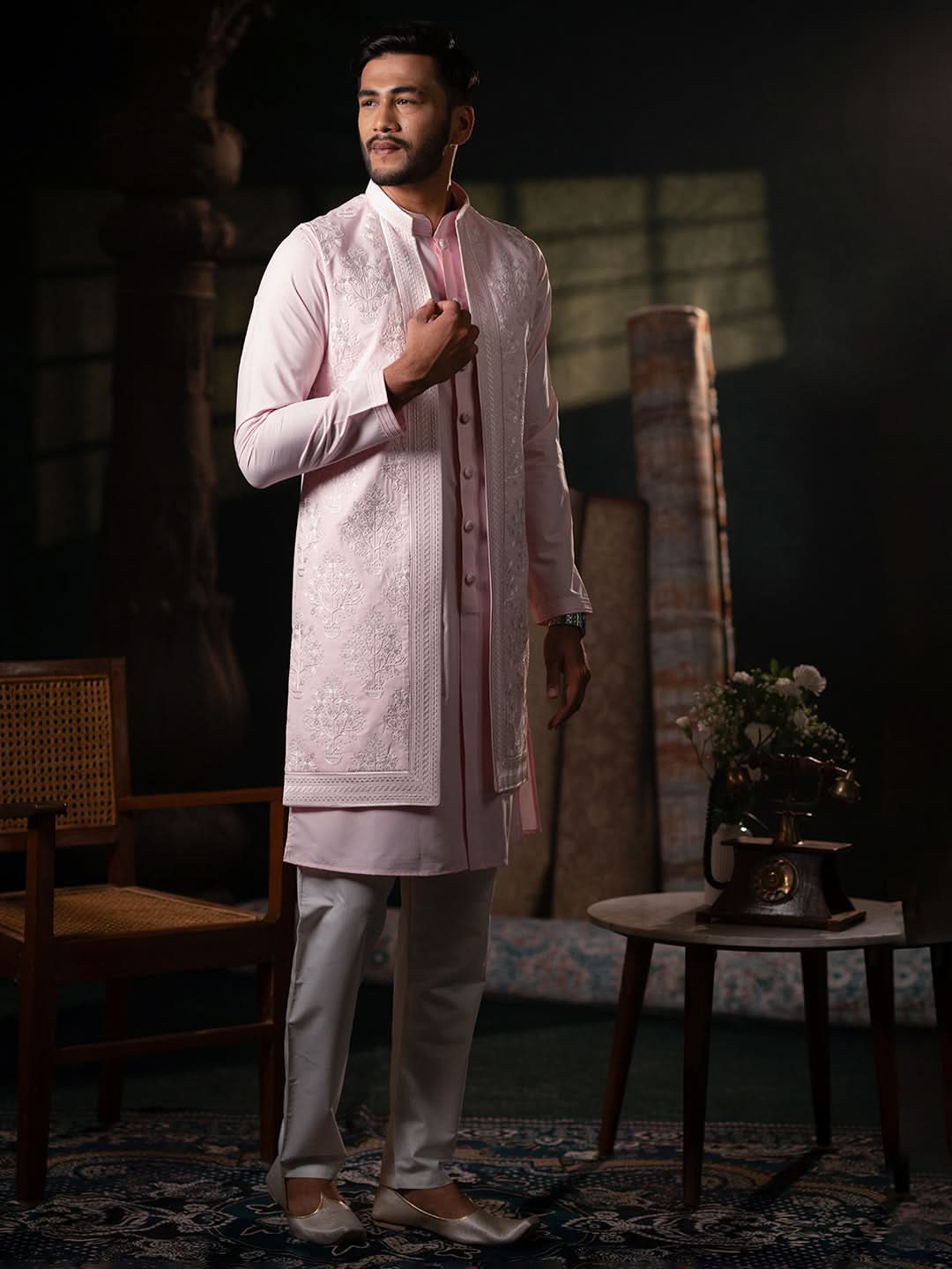Pink linen Embroidery Long Open Jacket Kurta Set