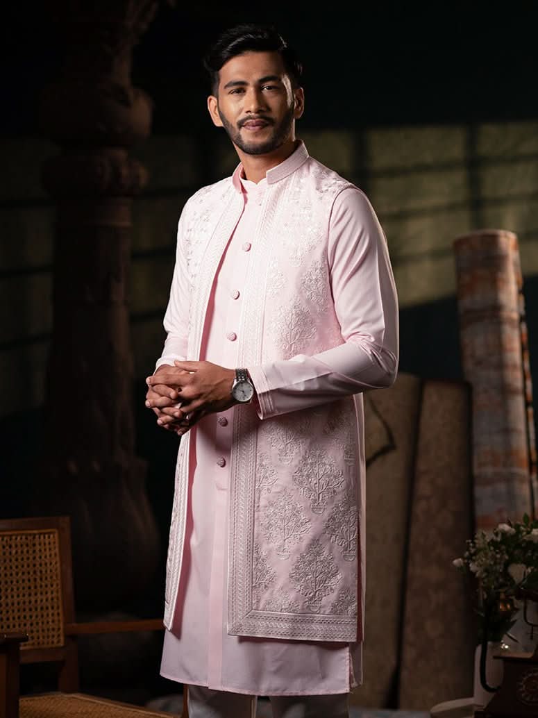 Pink linen Embroidery Long Open Jacket